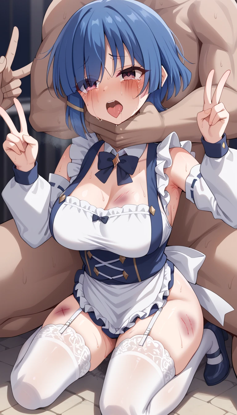 Highest quality, High resolution,8k, maid Cafe、One girl、((Girl is having sex in cowgirl position)),Boobs shaking violently up and down、A large amount of semen is applied、Ecstatic face(Worried brow)、Climax、Sweat(1.9)、steam、Deep blue hair(), Big eyes、Deep green eyes, Short Hair, Mole under eye, Huge breasts(1.9), bangs, Cleavage, clavicle,Big Butt,Big thighs、 indoor,Genshin Impact(anime、yelan,night orchid、Black Tank Top(Exposed nipples)、Light purple high waist mini skirt(Exposing)、White knee-high stockings(Digging into the thighs)、{A close-up of her breasts from the front} One Black Man,Big Penis,(A man has sex with a girl)