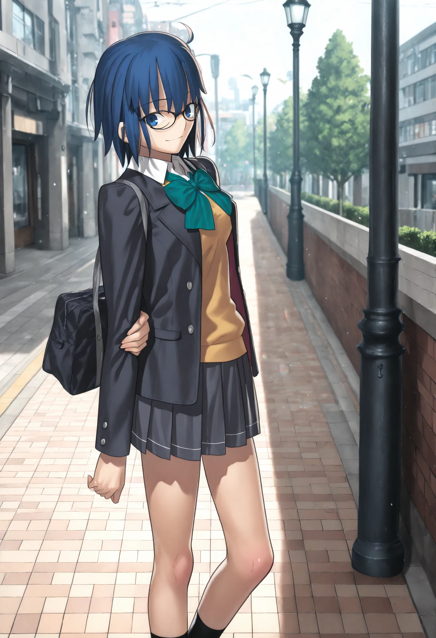 masterpiece, , absurdres, highres, detailed background, high resolution, masterpiece, necessary, detail, best quality, quality, necessary, details, High details, Precise, 8k indoors, (tokyo, street, lamppost, colorful light particles, powder light,),day lens flare, blurry background,(from above, from side),
1girl, Takeuchi Takashi (type-moon,tsukihime) style, takeuchi takashi style, (aged up),(school), having bag, standing,(long legs) ,
girl, (slender body, slim arms, slim bod), solo, el3gymaster ,ciel \(tsukihime\) ,blue eyes ,blue hair ,glasses ,short hair,(, black-framed eyewear , school uniform , open jacket , green bowtie ,yellow knit, white undershirt , grey skirt , pleated skirt , socks , loafers ), (medium breasts),(looking at viewer), light smile , ,