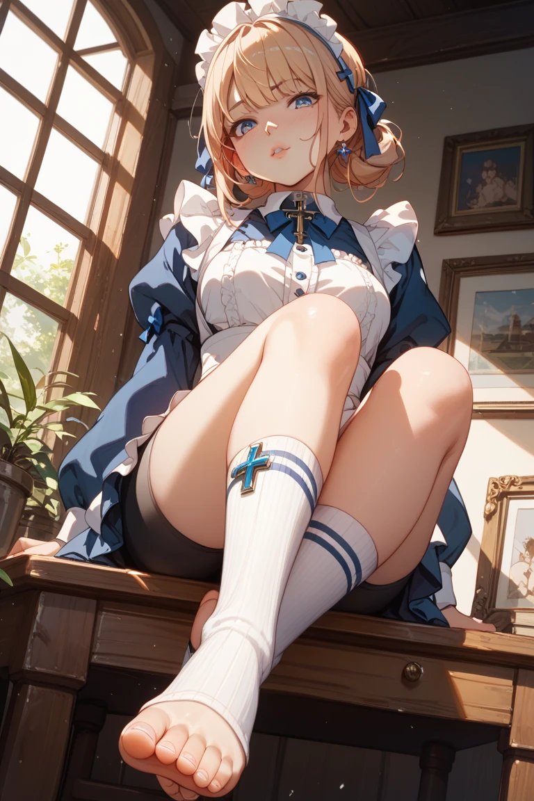 Top quality, masterpiece, High resolution, (Head to toe full body), front, frontやや下からの構図, Symmetric, Tall 18 year old girl, alone, (Head to toe), (Small breasts), Unkempt brown hair, bangs, (black tights), (Black Pantyhose), (Sit with your legs apart), (Crouching pose), (A composition showing white panties), (Her legs were spread、I see your white pants.), (I was made to sit on the floor with my legs spread..), (M-shaped legs), Thin legs, A very beautiful and tall 18 year old girl, (No shoes), blush, Shy big eyes, looking at the camera, Blazer Uniform, Checkered Pleated Skirt