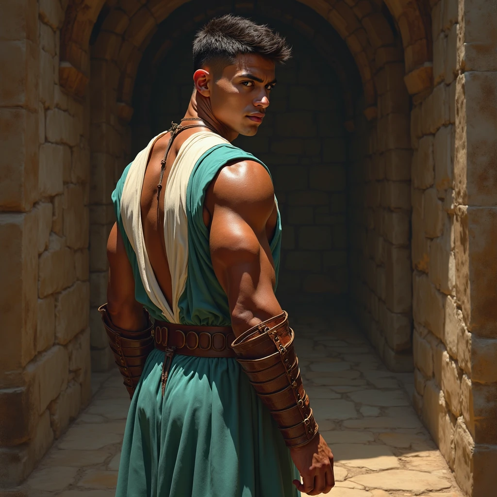 (photorealism:1.2), Create an image of a 30-year-old Indonesian man with a clean face. He is wearing a white headband, has long hair, and is dressed in an open white vest. On his wrist, there is a white cloth, and he wears a green carved belt. His long white pants and warrior-style sandals complete his outfit. The background should depict the majestic Majapahit kingdom, with dramatic and cinematic lighting. The image should be highly detailed, 8k resolution, ultra-sharp, and UHD.