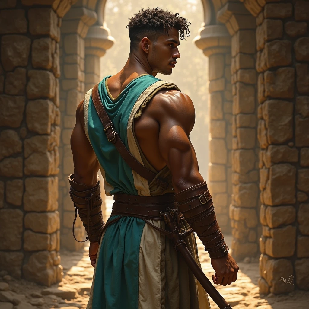 Muscular gladiator,Upper body revealed, legs uncovered from thighs to feet, flowing long curls, intricate muscular details, photorealistic artwork. Background: Ancient Roman arena.,32k uhd, best quality, masterpiece, super detail, high details