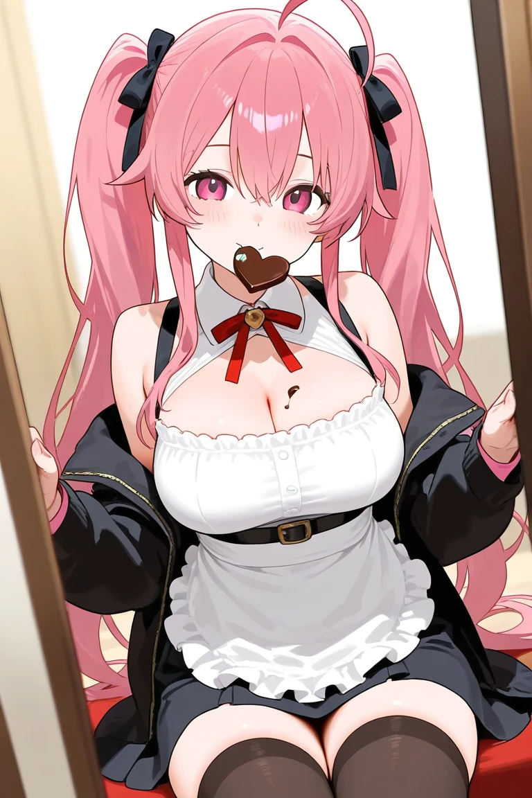 anime_still, masterpiece, best quality, 1girl, Gasai Yuno,(large breasts:1.5), nipples, solo, nude, as Gasai Yuno Sits in her room she stays blankly act a painting of her lover, she is wearing a black choker and black thigh highs and behind her there is a small table with a blood stained knife and a black face mask as well as a apron made of human skin, ((kill room)), ((blood)), ((psycho)), yandere trance, yandere, hands on own face,hands on own cheeks