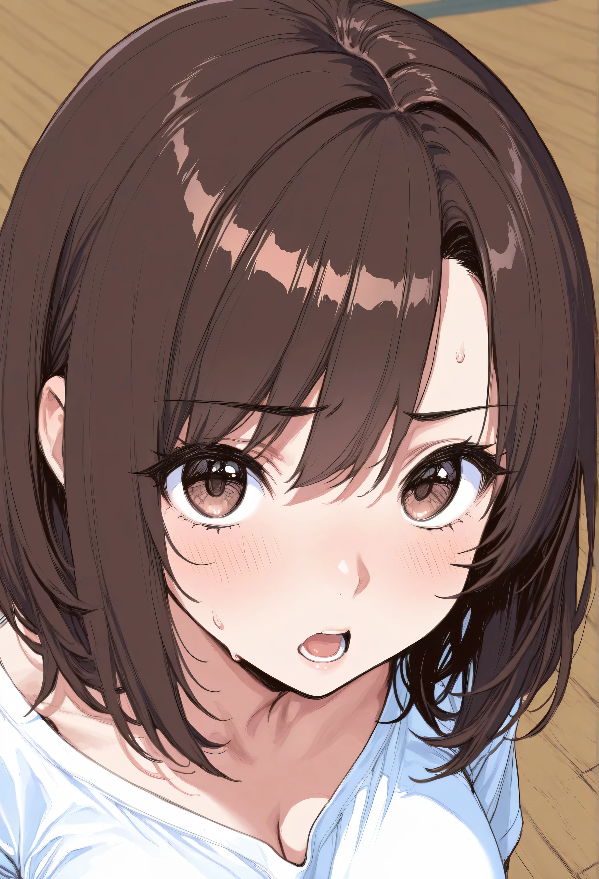 Anxious face、Angle from above、、brown medium hair、High Definition、8k 8K resolution beautiful beautiful best quality top quality detailed detailed exquisite superb extremely detailed extremely detailed detailed detailed detailed detailed detailed detailed detailed detailed fine high quality high quality insanely detailed masterpiece masterpiece ultra detailed ultra high definition ultra high res super high resolution ultra quality、open your mouth、screaming