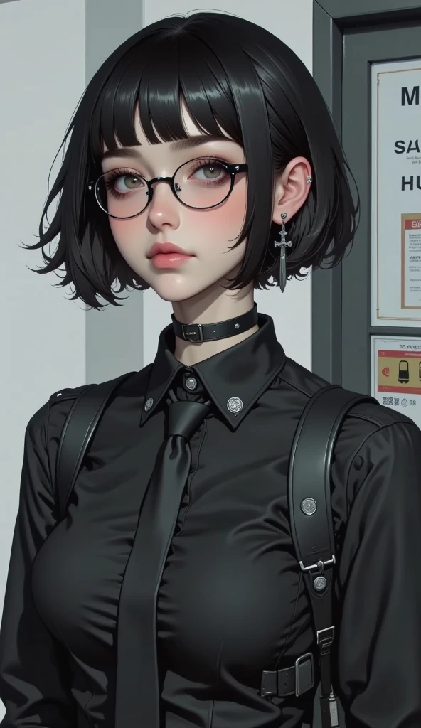 Girl, woman, emo_hairstyle, black lipstick, dog collar, eyeliner, eye shadow, smoky eyes, realistic lighting, short hair, square glasses,  short skirt, thighighs, shirt, , classroom.