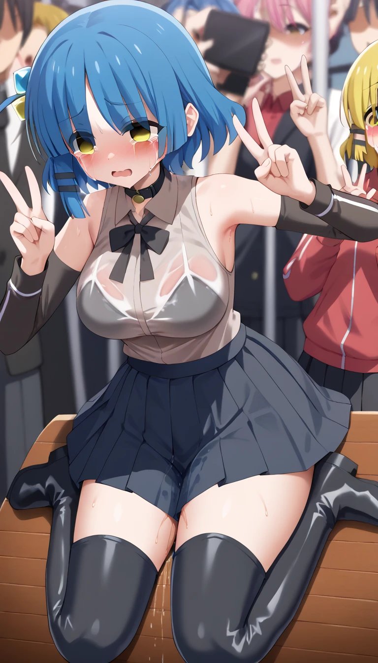 source_anime, rating_explicit, score_9, score_8_up, score_7_up, black_hair, goth, gothic, short_hair, looking at viewer, crop top, skirt, thighhighs, black clotges, goth girl, ikuchan, 2boys, mmf, standing side by side, faceless male, ), muscular male, ((size difference)), clothed, gyaru fashion, grab, cuckold pov, ((netorare)), ntr, cuck, cuckolding, ((light skinned male)), ((cuck))