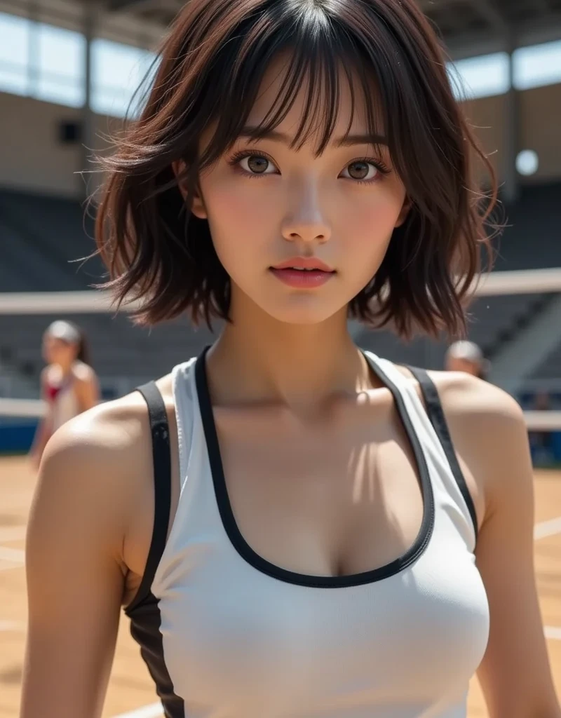 8K, Best Quality, masutepiece, Realistic, Ultra Detail, photos realistic, Hyper realistic, Smoother lighting, increase cinematic lighting quality, Realistic lighting, Backlighting, Brightening light, Increase quality, Top quality real texture skins, close-up, slender, Cute face, beautiful finely detailed eyes, Young Japan , Pretty, black hair shorthair, Schoolgirl, iful breasts,Colossal tits, Pubic hair, Japanese Idol),{a baby face,nudde,Ane of athletics apparel in red color, athletic field}, {Beautiful detailed eyes, Five Fingers, Beautifully formed , NSFW}, {arms raised in air, underboob }