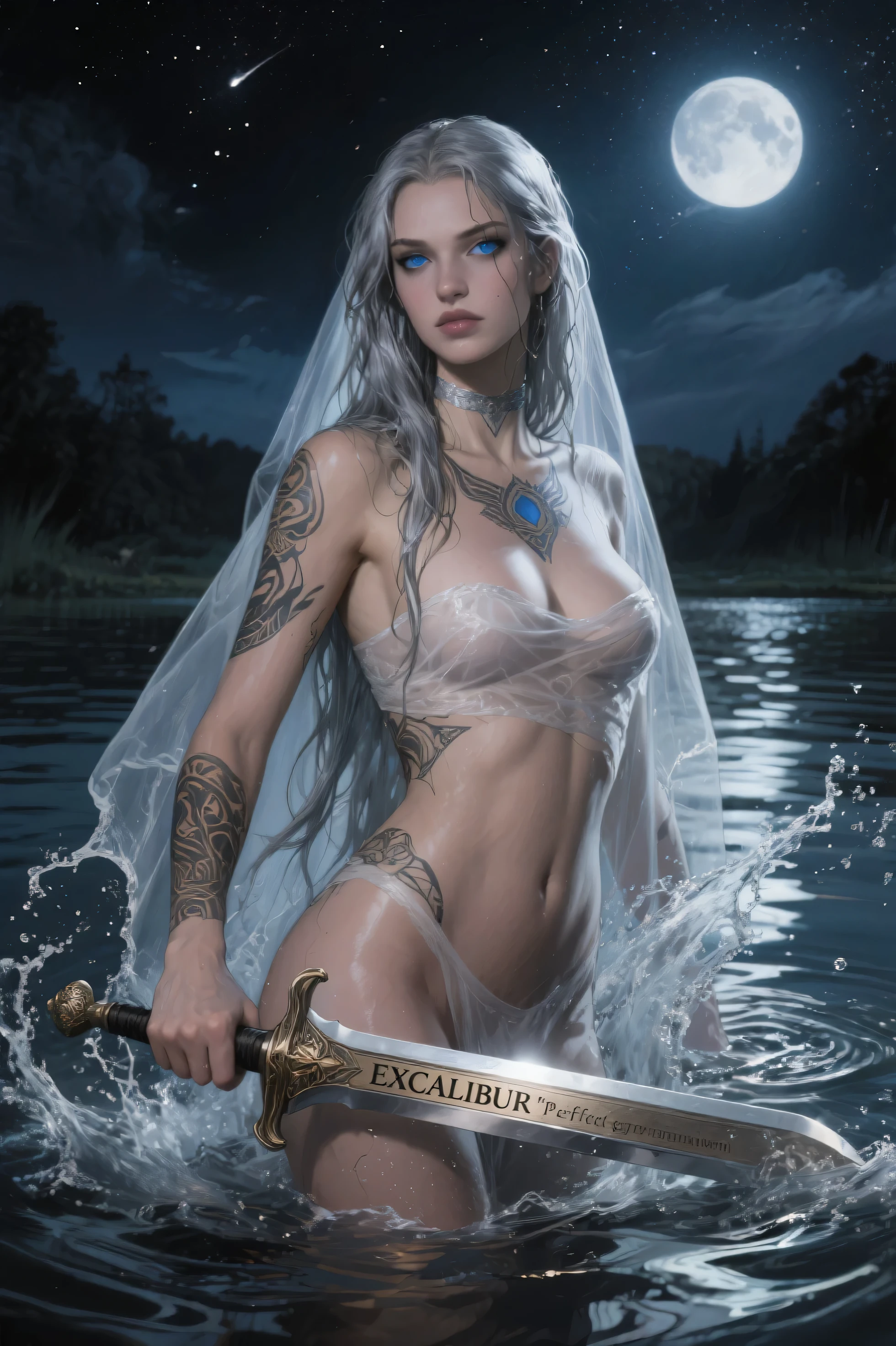 lady of the lake, a fey woman partially submerged, arms outstretched (((holding Excaliber sword horizontaly))), water dripping off of clothes, flowing gossamer clothing, enchanting,artstation,smooth, sharp focus,art by ross tran and greg rutkowski and alphonse Mucha and Bak Karol, (digital painting:1.16), soft lighting, CGSociety,ArtStation,(__Hyperrealism:1.3),(__Photorealism:1.3),(Land Art:1.3),(CMYK Colors:0.5),naturalism,land Art,regionalism,shutterstock contest winner,trending on unsplash,featured on Flickr