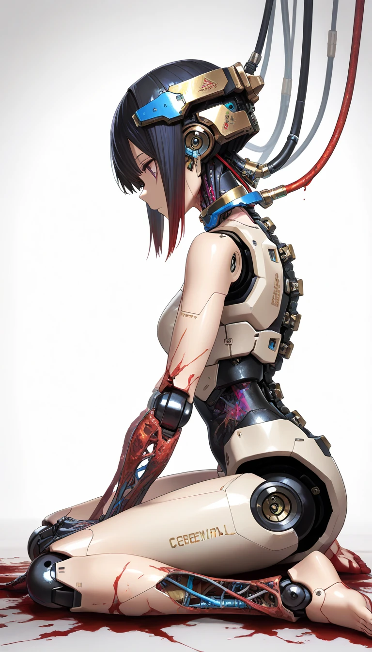 (Masterpiece, Top Quality, Best Quality, Official Art, Beautiful Indulgence: 1.2), (1 Girl: 1.3), Very Detailed, Colorful, Supreme Detail ((Ultra Detailed)), (Highly Detailed CG Illustration), (Very Delicate and Beautiful)), (From the Side), Cinematic Light, (1 Machine Girl)), Solo, Full Body, (Mechanical Joints: 1.2), ((Mechanical limbs)), (Blood vessels connected to tubes), ( Mechanical vertebrae attached to the back), ((Mechanical cervical vertebrae attached to the neck)), expressionless, (Wires and cables attached to the neck: 1.2), (Head wires and cables: 1.2) (Character focus), (Lower body integrated with mechanical devices), Science fiction, White background, (Blood: 1.5), cruelty, absurdity, erotic rotesque, fusion with machines