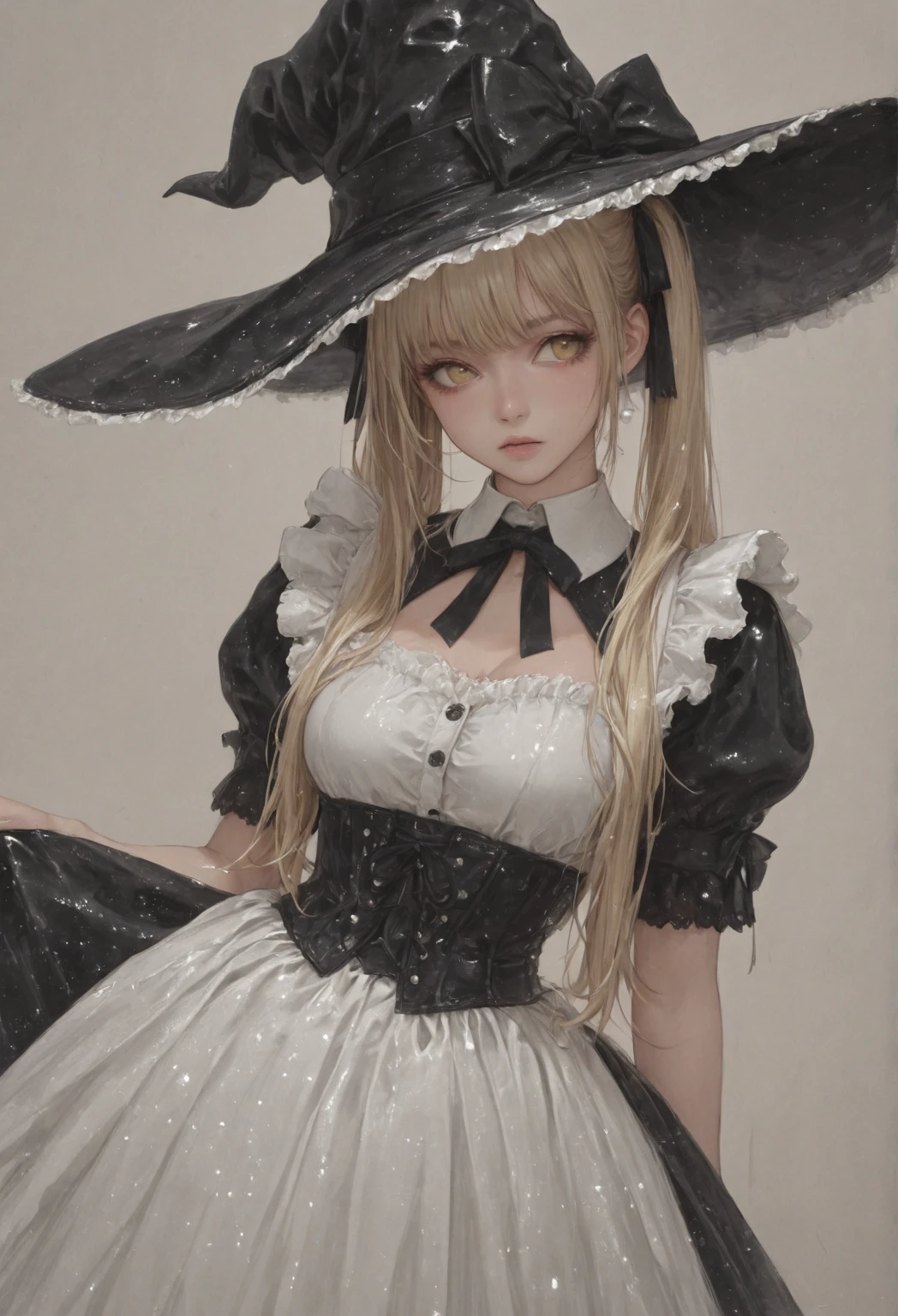 (muste piece), (works of art), (Amazing work), (detailed eyes), (delicate skin), (colorful eyes), (short white hair with bangs), (sparkling eyes), (1 girl) ,(small breasts),skinny legs,With witch's hat, old, old, Wear extravagant medieval clothing, muste piece, best quality, The best Desinger, best illustration,Pissing,Gonzo,full shot,knee socks