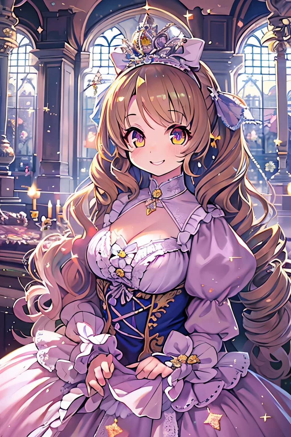 dramatic compositions, Dress in court style, royal, Gorgeous, Cascade frills, frilld, the bow, crystal chandeliers, Roman curly hairstyles, ponet, Double ponytail like a drill, Look at the camera, Bangs, maximalism, palace background, Delicate depiction of hair and eyes, Princess Dresses, Gorgeous skirts, Flowers in hand, Smiles, Starry eyes, Cinematic Light, Extreme Detail, High Definition, happy girl, Very long hair, Diamonds, Broken Diamond, Junction chips, light Particle,bbw