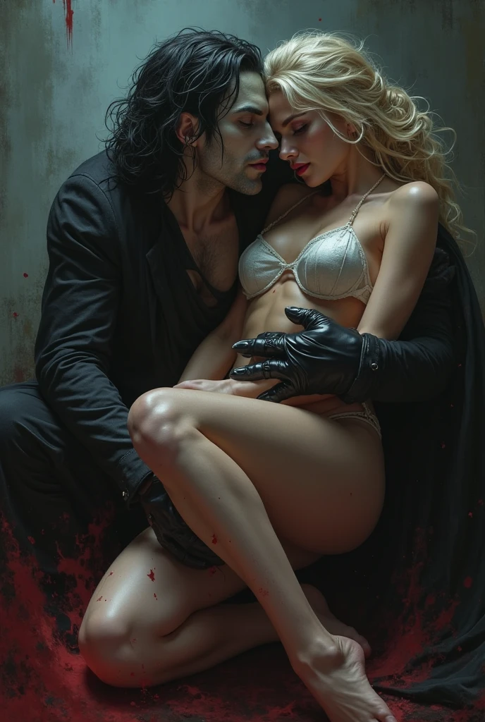 3D A vampire with black hair and piercing red eyes is tying the a girl with silver hair and blue eyes and big boobs on a bed with white lingerie with diamonds 