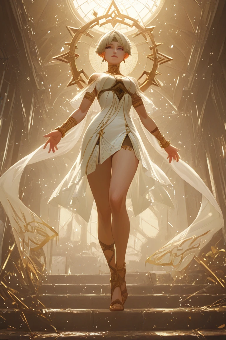 (Dreamlike style:1.0), 8k, high definition, bright colors, huge resolution, no breasts, (glowing blonde hair:1.0), solar background, white loincloth, (wide hips:1.2), narrow waist, (flat chest:1.0), (halo of light:1.0), (huge hips:1.0), exposed legs, (glowing tattoos:1.2), (bright colors:1.0), close up, facing viewer,