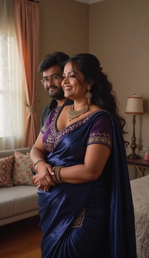A radiant, full-figured South Indian plus-sized 30 year old teacher wearing a cream silky saree tenderly hugging and kissing a group of jubilant 20-year-old men in living room, captured in a full-body image with vibrant hues and meticulous details.