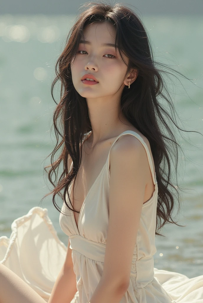 towards the camera,put a face to the viewer,stand on all fours,High image quality,works of masters,daughter,black hair,long hair shawl,long hair flowing over shoulders,cropped shoulder,clavicle,exquisite face,moist red lips,white dress,clavicle,towards the camera,Single photo,hosiery,sad expression,bust,real person,(ocean,sandy beach),CG rendering,16,000,lying in bed,Put your hands behind your head.,look into the camera,The night scenery was beautiful, farewell,hyper hd,The details were perfect,the picture is real,Extreme picture quality,Highest accuracy,8K 해상도,shade of darkness,8K, yes ,Ultra HD,8K