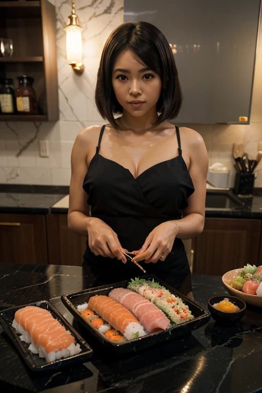 (Thai woman),(highponytail),(forehead),(dress:1.3),(enormous breasts:1.6),(slim waist:1.3),(smile:1.3),(Counter of a sushi restaurant in Japan in the background:1.3), (cowboy shot:1.4),8k, UHD,