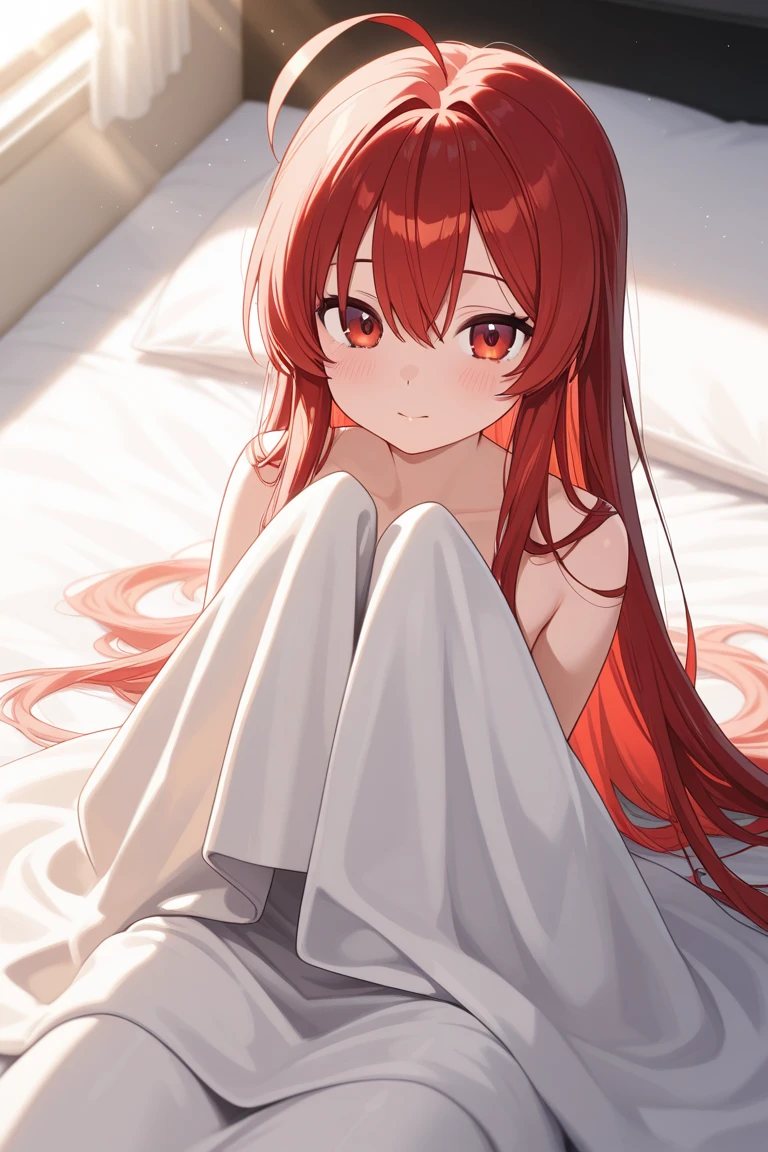 with long red hair big eyes angelic face soft smile open mouth with a bomb in her mouth lying on her side totally naked her small chest looking at her reflection in the mirror accompanied by two more girls with different hair equally naked with scared faces