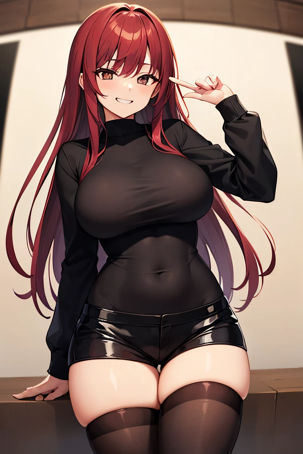 high tail hairstyle, Ponytail hairstyle, Long wavy black hair, standing posing, anime girl style, pixel art anime style,penetrating look with deep eyes,red and purple eyes, hair with a ponytail hairstyle trapped with a big red bun, Women, red hair clips, x color shaped hair clips , smiling face blush, next to his bed, lingerie, Tank Top, Black hair, mini skirt, big thighs,