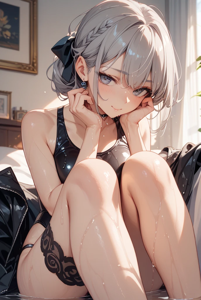 (NFSR8k, Highest quality, masterpiece:1.2), Very detailed, (High brightness:1.3), (High Contrast:1.1), (High chroma:1.1), (Anime screenshots:1.20), ((A girl who is 120cm tall:1.30)), ((hair ornaments:1.2)), (Hair between the eyes, Silver Hair, bangs, Medium Hair), Green Eyes, skin, Front angle, (((Both sides up:1.10))), ((Beautiful Eyes:1.2)), (cute eyes:1.2), ((Eye for details:1.5)), cute, (((((Ahegao:1.30, Sticking out tongue))))), (((((Poor breasts:1.30, valley))))), (((Nipples visible through tank top:1.30, Chirarizum))), (((((A tank top with a wide open chest:1.40))))), ((the body is slim:1.10)), ((blush)), (indoor, bed), ((whole body:1.2)), (((((Prostration:1.40, Place your hands on the ground in front of you, Keep your knees on the ground)))), (Shiny skin:1.10), (Oilskin:1.5), ((Basic structure of the human body:1.60)), ((Female organ:1.20)), ((barefoot:1.10))