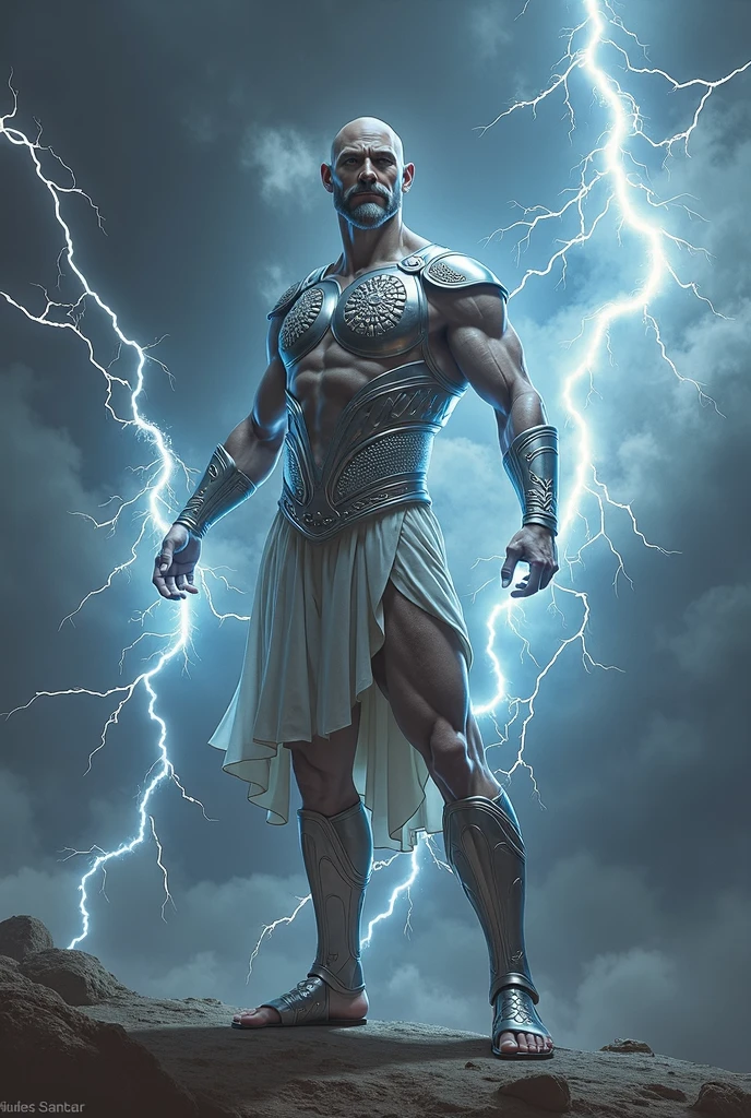 Zeus, the Greek god of thunder, standing on a mountaintop, wielding a lightning bolt, in black and white modern style."