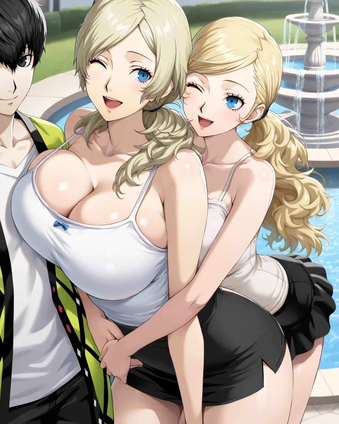 a cute busty woman, age 21, blonde hair, blue eyes, fair shiny complexion, plain expression, wearing a top and small tight shorts, hugging a brown teddy doll, tiara on head, green pendent on neck, garden in the background