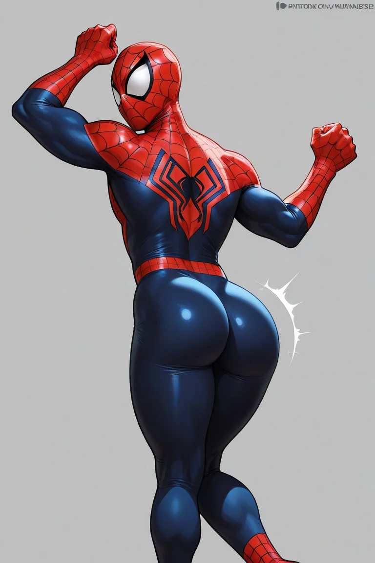 spider girl, classic spider man suit, classic spider man mask, thick thighs, vore belly, stretching