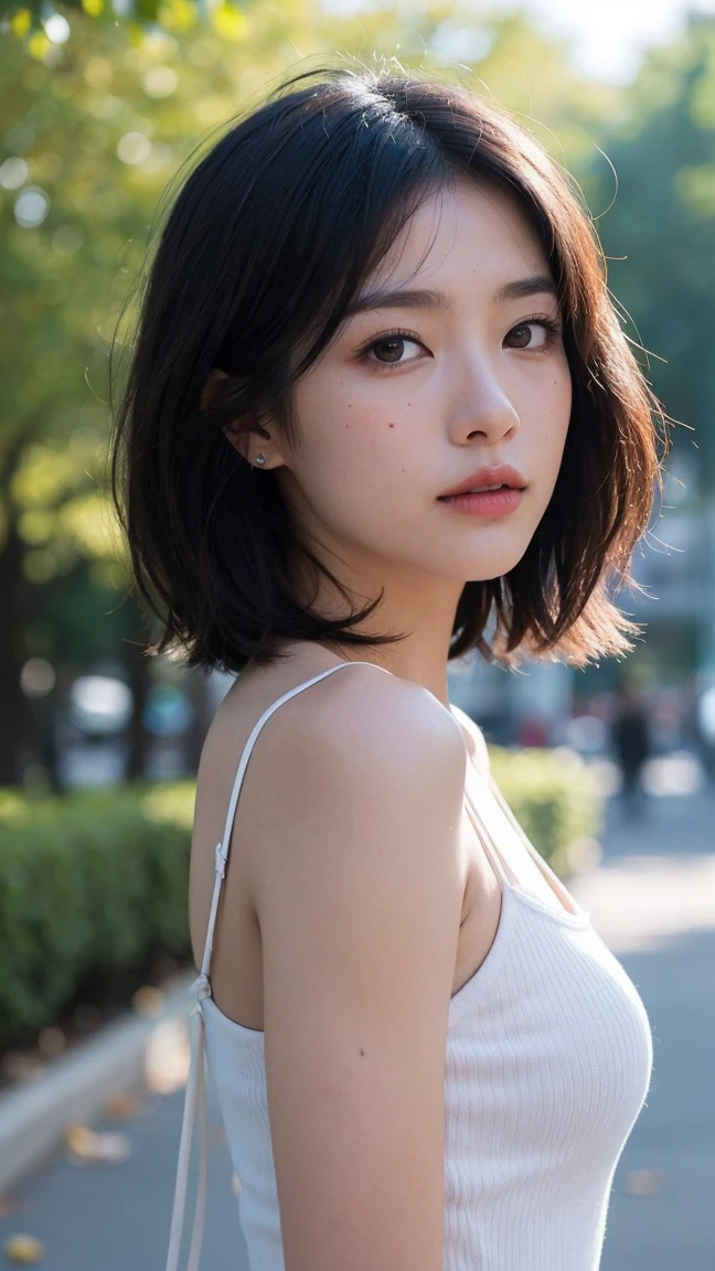 ((highest quality)), ((masterpiece)), (get used to it), perfect face、Japanese、masterpiece, highest quality, 8K, 1 girl, Downtown at dusk、22 years ago, cleavage、Glamour、mouth is slightly open, cute, alone, sad, Clothes that look good in autumn, cute, delicate girl, pure beauty, Raw photo, professional photography, portrait, soft light, professional lighting, Backlight, Upper body, see the beholder, Sophisticated, film grain, (Eye and face details:1.0), Short hair swaying in the wind, beautiful flowing brown hair, bangs