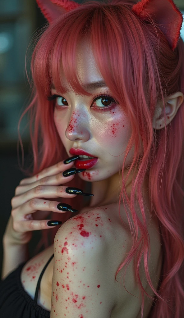 absurdres, 1girl,medium breast, star eye, blush, (realistic:1.5), (masterpiece, Extremely detailed CG unity 8k wallpaper, best quality, highres:1.2), (ultra_detailed, UHD:1.2), (pixiv:1.3), perfect illumination, distinct, (1girl:1.4), (bishoujo:1.2), looking at viewer, unreal engine, sidelighting, perfect face, detailed face, bangs, perfect body, beautiful eyes, pretty face, (bright skin:1.4), idol, (abs), ulzzang-6500-v1.1, (navel), ruins, dark place, night, dark aura, close-up, selfie, <lora:makimaChainsawMan_v10:0.4>, (blood on face:1.4), (evil smile:1.1)