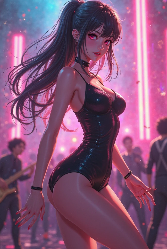 anime woman, dancing, black bras with neon pink outlines, black and pink patterned miniskirt, wearing garter belts and stockings, shot from below skirt, exposing underwear.