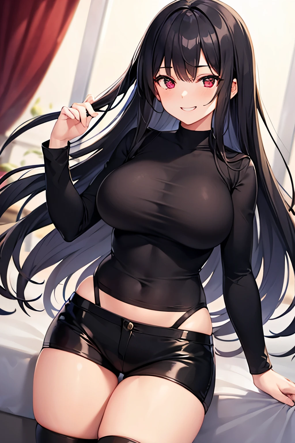 Anime girl,long black hair,sexy,wearing sexy top and tight jeans,grinning,