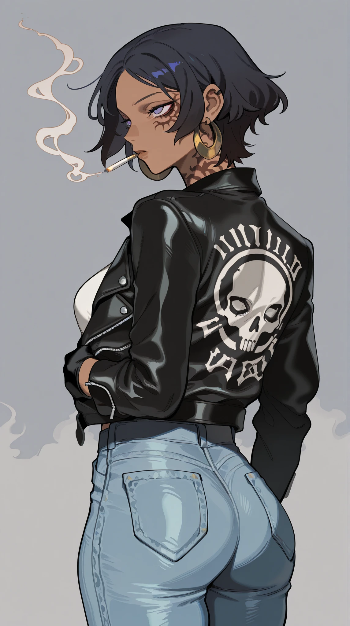score_9, score_8_up, score_7_up,  <lora:STYLE_PONYXL_guweiz_ownwaifu:1>, BREAK 
STYLE_PONYXL_guweiz_ownwaifu, anime girl with skull t - shirt and jeans leaning against a wall, 1girl, long hair, , looking at viewer, black hair, long sleeves, closed mouth, jewelry, standing, open jacket, collarbone, white shirt, high ponytail, sidelocks, cowboy shot, earrings, , black pants, indoors, black belt, black jacket, belt buckle, cigarette, hands in pockets, print shirt, leather jacket, skull print,