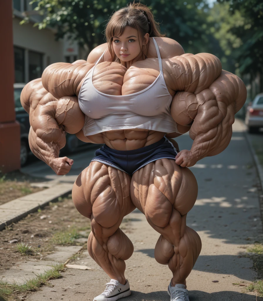 A HD 4K full body Photo of a beautiful, huge, enormous, buff, giant, Female bodybuilder, muscle goddess, huge arms and huge legs, giant boobs, enormous muscles, big beautiful eyes, long hair, walking barefoot, through busy traffic, long dark hair, wearing reading glasses, a tight vest and ripped jean shorts, photorealistic