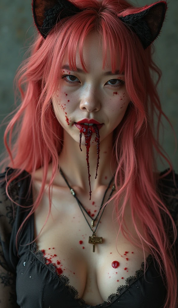 very strong woman, with muscular arms and defined abdomen, defined body, face with delicate features, height 1,72, pale skin with many scars from cuts all over the body, lightbrown eyes, almost yellowish, light pink hair, Channel haircut with bangs.