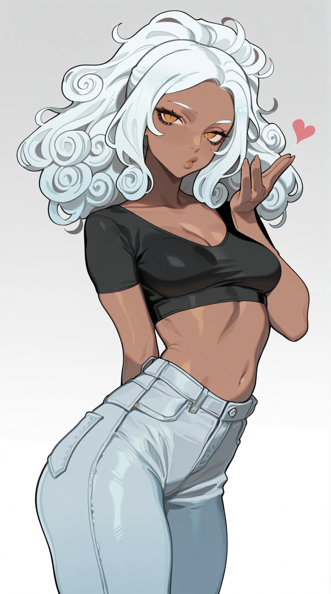 anime character, White hair, afro curly hair, pale skin, bright blue eyes, Long white eyelashes, male, tall, big glossy lips, , grey eyebrows, , black baggy outfit, muscle, 