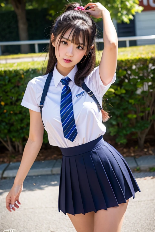 (8K), (highest quality: 1.2), (realistic), (realistic: 1.37), hyper hd, 1 girl, cute, smile, closed mouth, beautiful details, beautiful nose, full body esbian, wet hair, Colossal Dalsepho, pork meat, school uniform, thighs