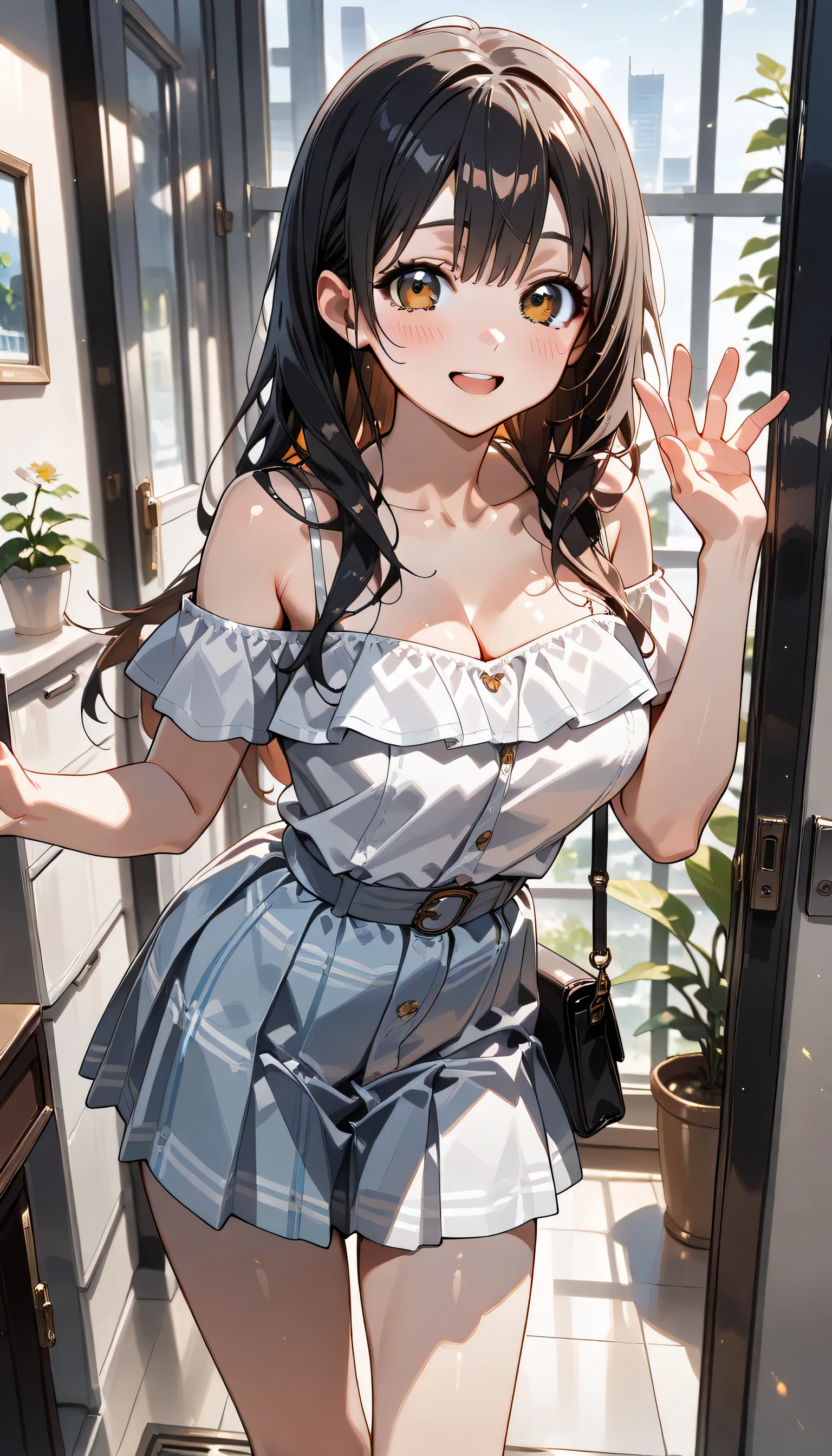 There is only one girl in the photo、Karen Chan、Horse Girl、Horse Girl プリティーダービー、Big Breasts、Brown Dress。Exposing cleavage、smile、Dyed by the sunset、Free Pose。