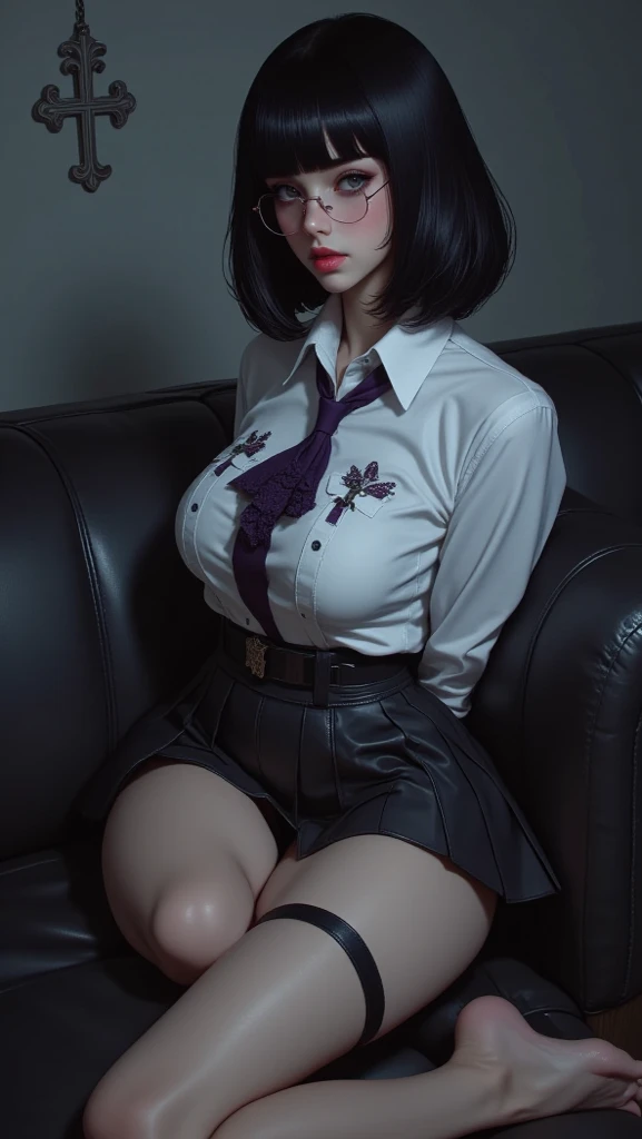 (full figure:1.1), 1 girl as yukino yukinoshita, absurdres, highres, solo, school uniform, big breasts, waist long black hair, (twintails:0.5), (pleated miniskirt:1.4), (black thighhigh socks:1.1), loose red ribbon, unbuttoned white shirt, (ahegao:1.5), (rolling eyes:1.5), (torn clothes:1.5), bare breastss, spread legs, in pornographic movie set:1.5),