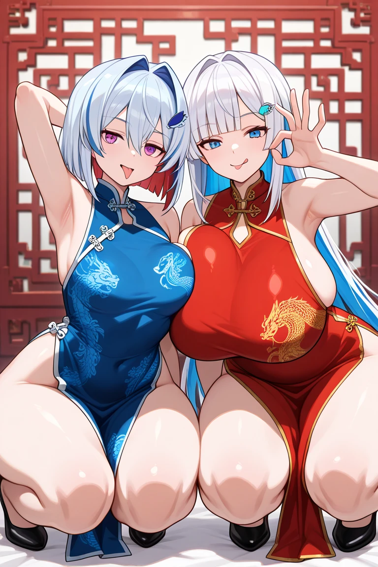 score_9,score_8_up,score_7_up,score_6_up,score_5_up,score_4_up, 1girl, pretty girl, demi-fox-human, sexy tall women, thin seductive body, big breasts, white bob cut, white fox ears, fluffy white fox tail, blue eyes, black eyeliner, blue mascara,  laying on bed, spread legs, wearing tight and short blue qipao, wearing stocking
