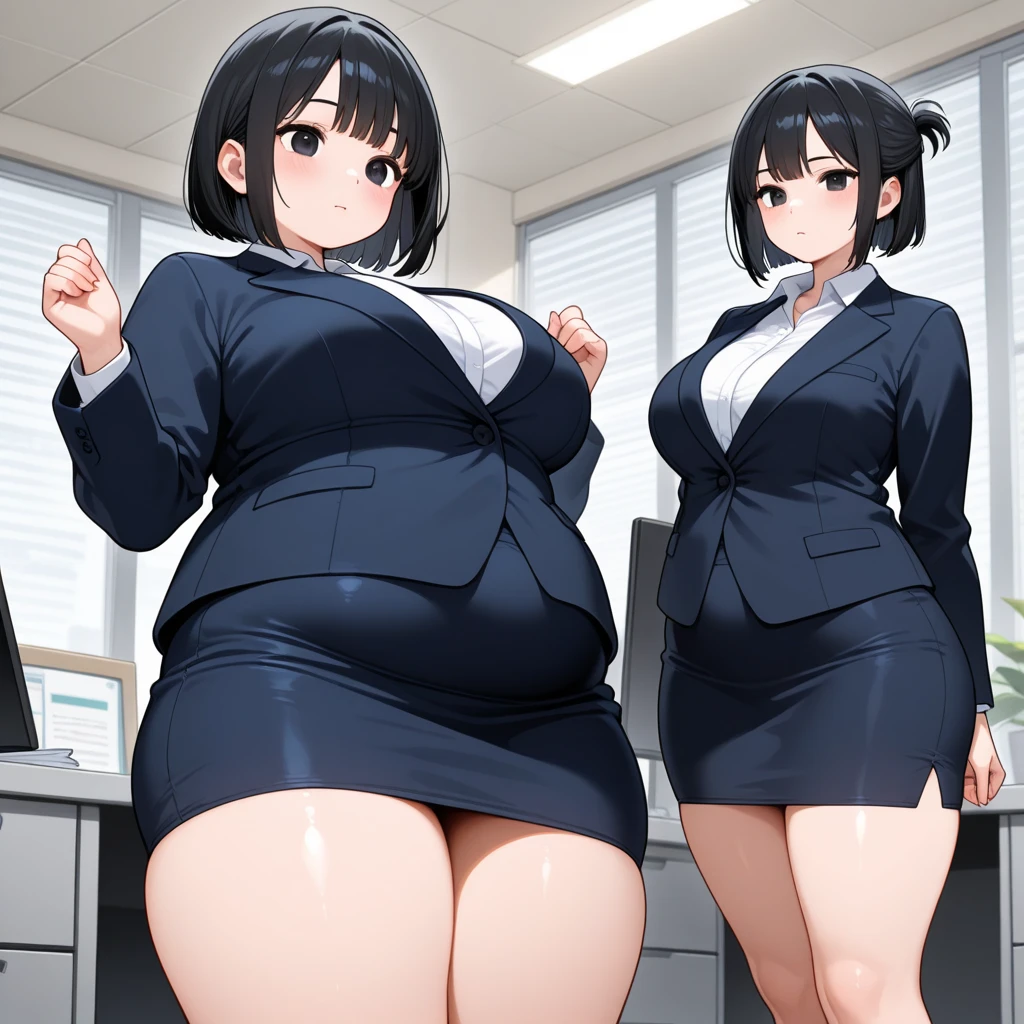 ((highres)), Masterpiece, high quality, best quality, beautiful, perfect lighting, detailed face, ultra cute face, ((2girls)), ((blush)), embarrassed, nervous, looking at viewer, arms behind back, standing in a office (office), daytime, dress shirt, pencil skirt, thigh highs, wide hips, (((thick thighs))), ((chubby)), medium breasts, perky breasts, 20 year old female,