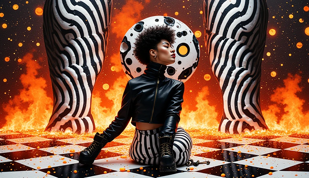 :// the floor and get ready to be mesmerized, A (((fish eye lens)))with its distinctive oval shape and vivid colors, capturing an (32K, UHD) image of a (((beautiful Black woman))) striking a (model pose), clad in a sleek, shiny, alluringly  black lace , with her long, flowing locks styled in loose, bangs that mimic the intricate patterns of a (((room filled with dice designs))), as she throws a pair of (((dice))) towards the viewer, the walls, floor, and ceiling coming alive with (((rolling dice patterns))), ((32k, Ultra High Definition, Clarity))