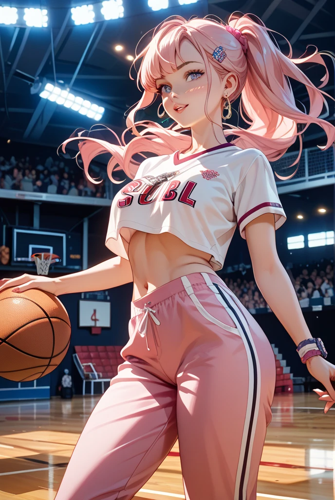 Best Quality, masutepiece, High resolution, (Anime Heroine Illustration), Anime Paint, 1beautiful girl ,Dynamic Angle,Female basketball players,small head,Large breasts,nice legs, Glowing skin, Sweat,At the basketball venue ,Cool,