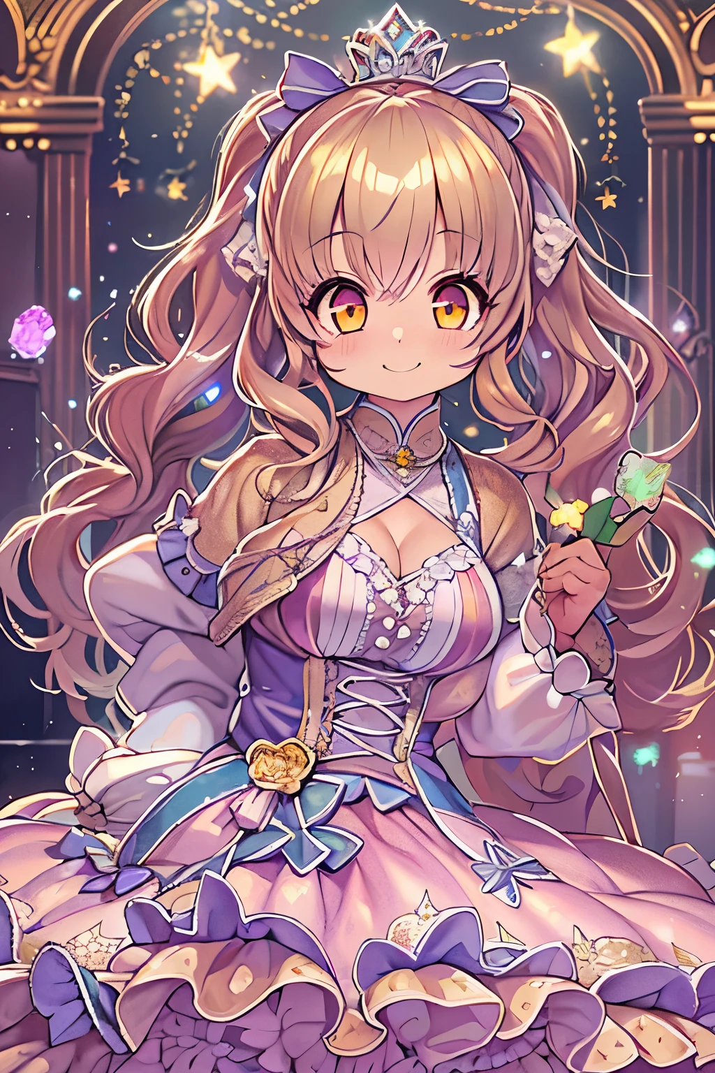 photoRealstic、Nendroids in wedding dress standing in front of the painting、A smile、watercolor Nendoroid、(High Definition Figure)、Flowing iridescent silk、up of face、Eye Up、Colorcon with heart pattern、Floral dress、There are also flowers in front of the nendroids、flower petals、season!!: 夏天☀ 🍂