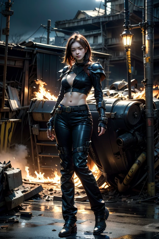 Illustrate Vi in her latest 'Wasteland Warrior' skin,massive k-cups,She’s dressed in rugged, post-apocalyptic armor with scavenged parts and battle-worn details. Vi is executing her 'Excessive Force' ability, with her gauntlets glowing a fiery red as she delivers a devastating punch. The scene is set in a desolate wasteland with debris and explosive effects highlighting her power.