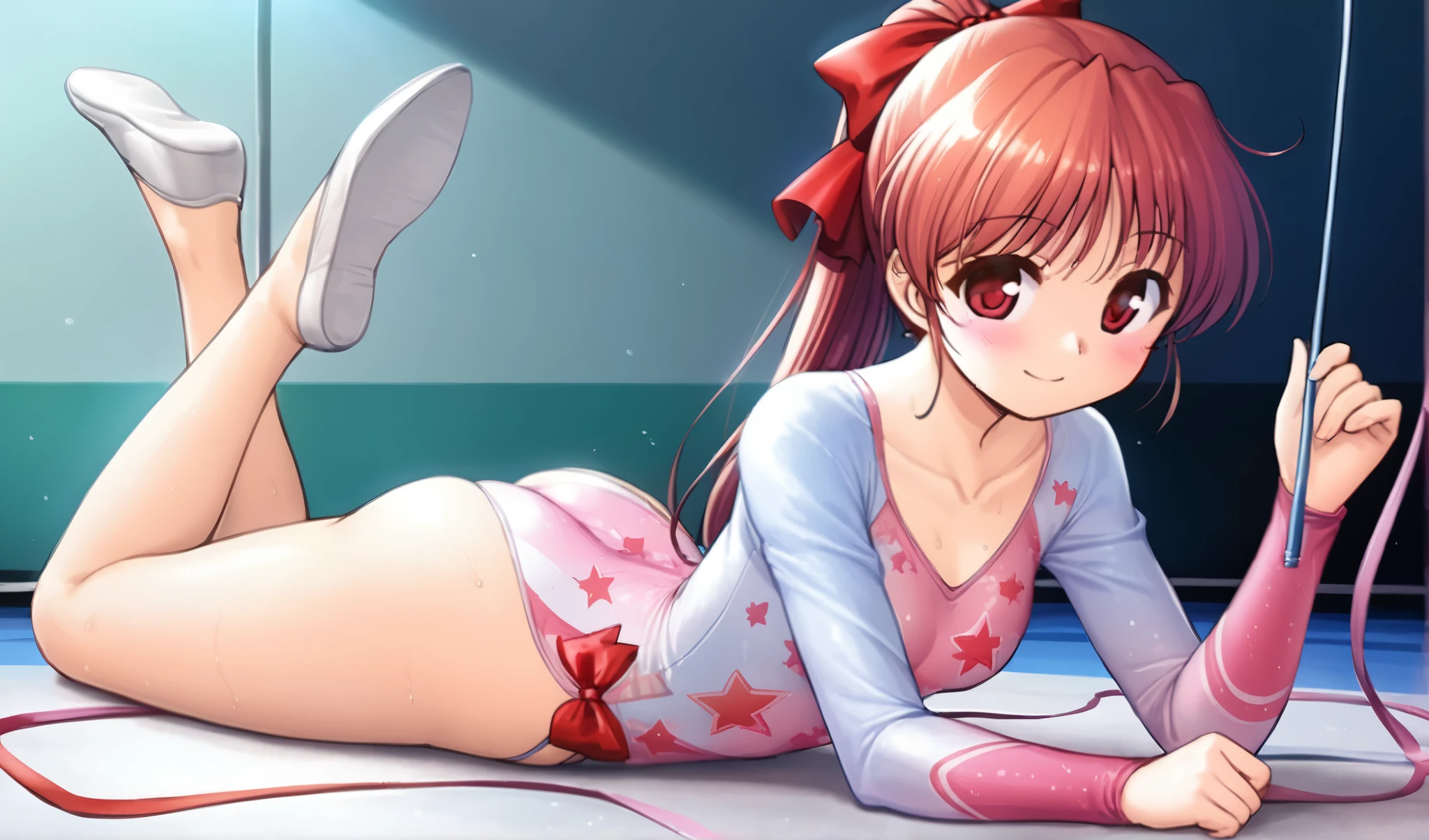 an anime girl on the taiikukan laying on her stomach with, 1girl, leotard, solo, athletic leotard, blue eyes, pink leotard, brown hair, ponytail, gymnastics, ribbon, lying, ass, long hair