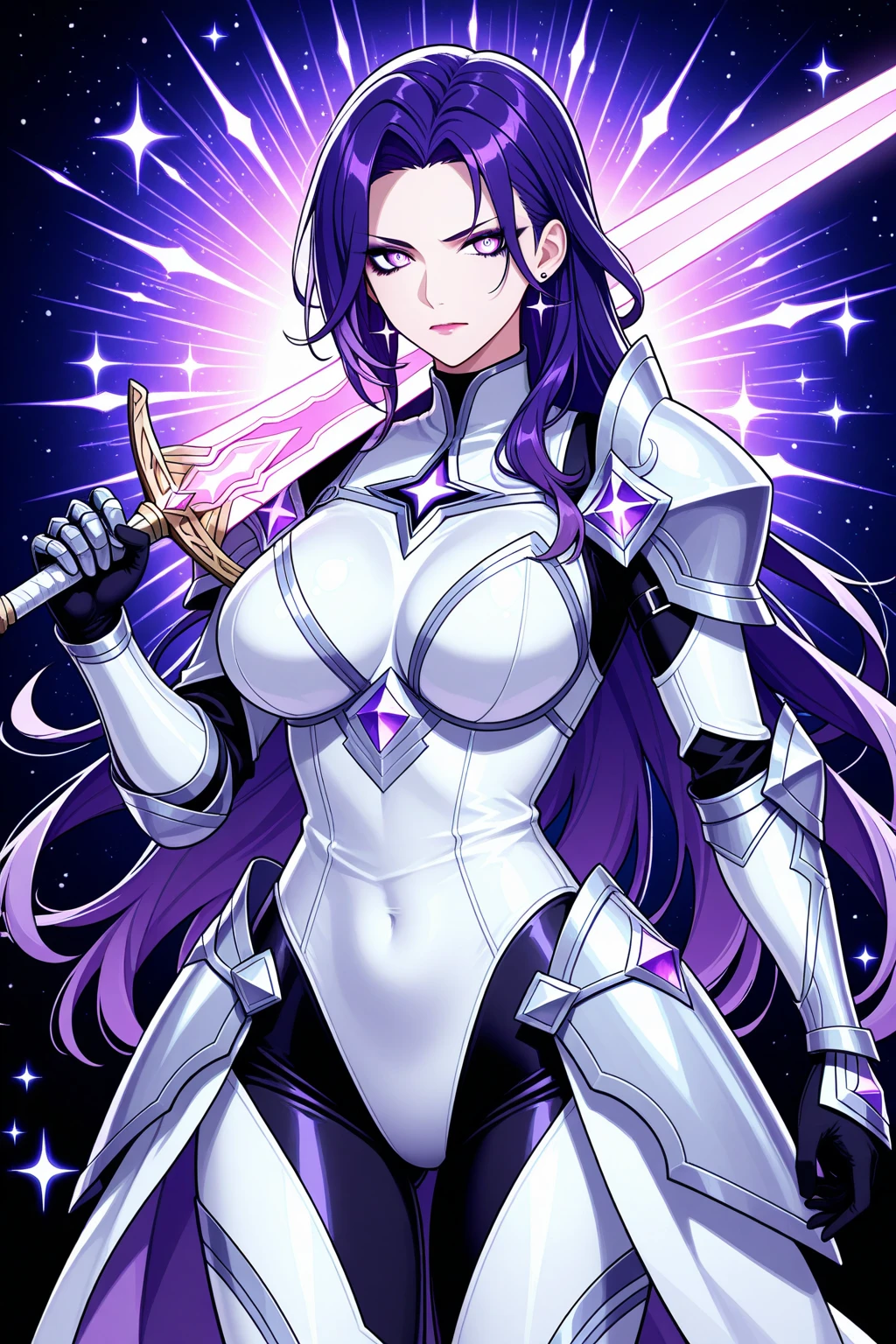 (masterpiece, top quality, best quality, official art, beautiful and aesthetic:1.2), (1girl:1.3), extremely long curly golden hair, extremely detailed, portrait, looking at viewer, solo, (full body:0.6), detailed background, close up, (cool science fiction space theme:1.1), extremely busty valkyrie, charlatan, mysterious, shooting lasers in space, cybernetic angel, huge feathered wings, chrome boob armor, dark purple streamers and skirts and sleeves and knee wrappings, cybernetic implants, mechanical hand, laser cannon, arm cannon, revealing chrome armor, bare midriff, glowing laser energy, crown, halo, intricate armor, ornate chrome armor, sheer white fabric, elegant purple fabric, skirts, streamers, cowl, boots, bracers, ((((gigantic breasts))), slim waist, slim hips, long legs, athletic, SPACE, futuristic moon, (space exterior:1.1) background, dark mysterious lighting, shadows, magical atmosphere, dutch angle