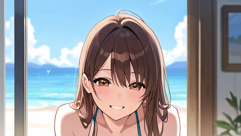 smile、Ahegao、Brown Hair、Straight Hair、Forehead、anime、detail、8k、Swimwear、Midsummer