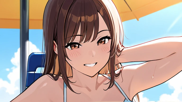 Completely naked, no clothes, masterpiece, very short pigtails,brown hair, Hair tie with two big red clothespins, mature, Female robot, android, joint seam, blue eyes, full body figure, Height: 160cm, flushed cheeks, 2020s anime picture, ball joint, missionary angle, joy, A big smile, jump　A beautiful robot with short brown hair in two short pigtails held up by two large red clothespins.　25 years old　2020s anime picture　blue eyes　Uplifting, No NSFW, whole body, spread legs, leaning over, Uterine prolapse, Ass mochi, Land on her butt