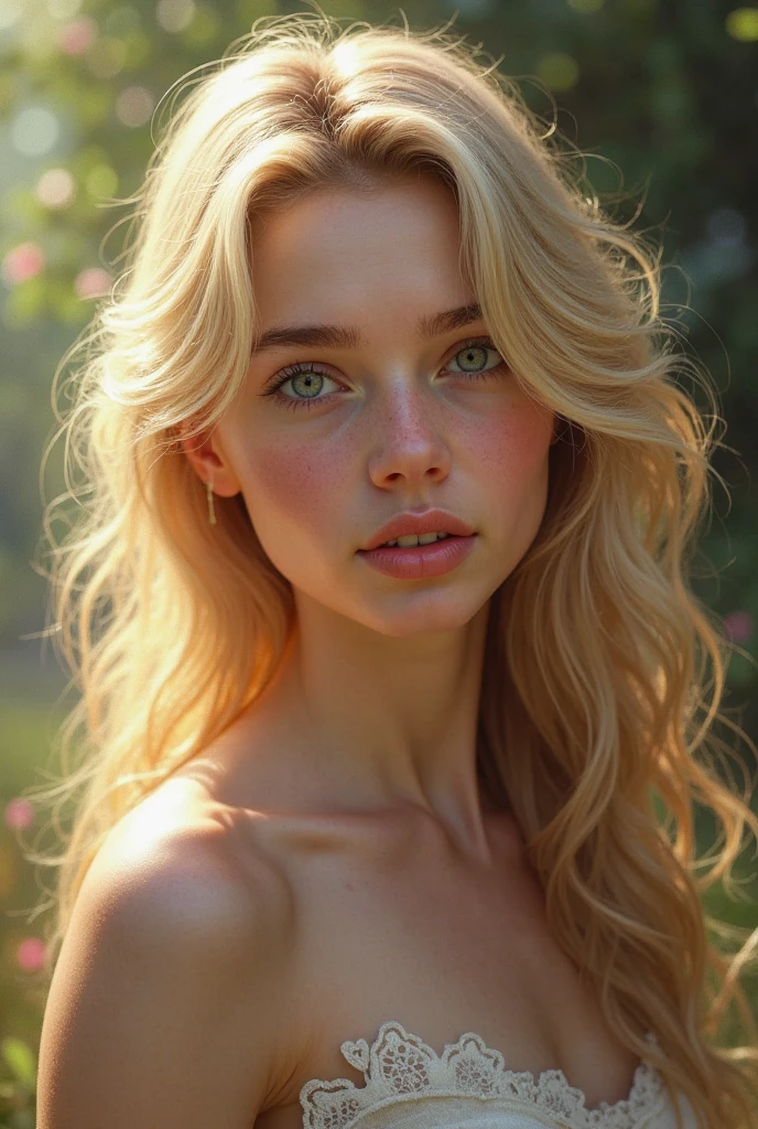 An elf squats on the ground; around the woman are many flowers; she spreads her legs; solo, beautiful woman, slim body, small breasts, (no panties), (no bra), (fully nude), (very curly hair!), (very bushy hair), blond hair, woman has high cheekbones, woman has snub nose, the woman has blue eyes, the eyes are symmetrical, very small ears; a flower meadow in the background, (The face is very detailed!), CG, 8K, best quality, professional studio lighting, warm colors, reflections, (masterpiece), (photorealistic)