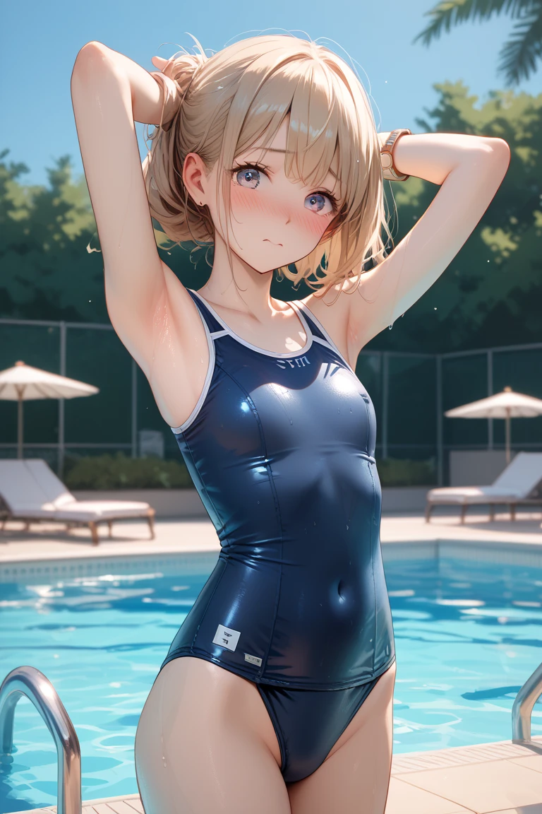 masterpiece, (realistic, photo realistic:1.2), (highest quality), extremely fine and beautiful, beautiful face details, real human skin, realistic, photorealistic, Complete limbs, Bright light, cute girl, Slender beauty, smile, Wearing a shiny school swimsuit, Glowing Skin. Tiny breasts, pool