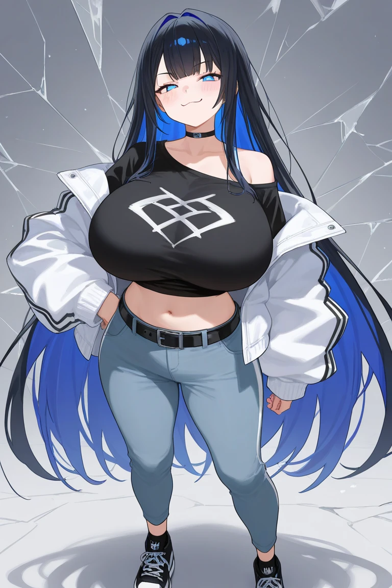 blue skinny jeans , white t-shirt , huge breasts , black background , Huge pelvis