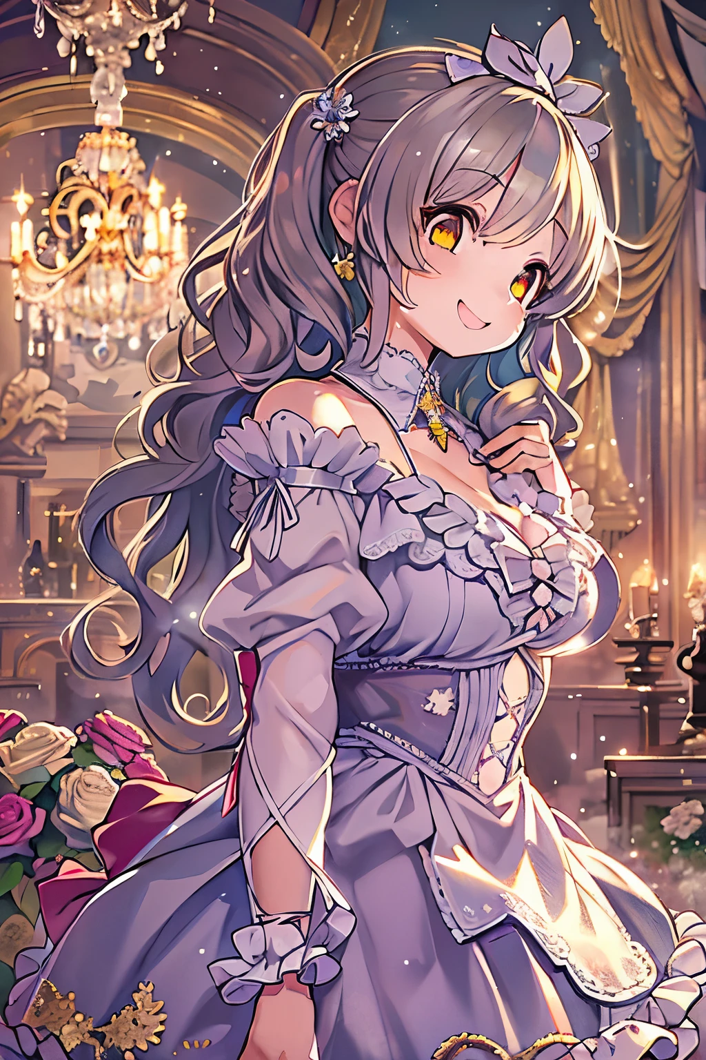 dramatic compositions, Dress in court style, royal, Gorgeous, カスケードfrilld, frilld, the bow, crystal chandeliers, Roman curly hairstyles, ponet, Double ponytail like a drill, Look at the camera, Bangs, maximalism, palace background, Delicate depiction of hair and eyes, Princess Dresses, Gorgeous skirts, Flowers in hand, Smiles, Starry eyes, Cinematic Light, Extreme Detail, High Definition, happy girl, Very long hair, Diamonds, broken Diamonds, Junction Tip, light Particle